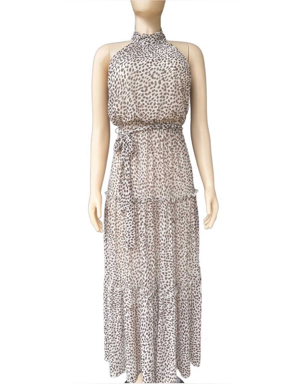 Tiered Maxi Dress in Beige Leopard Print